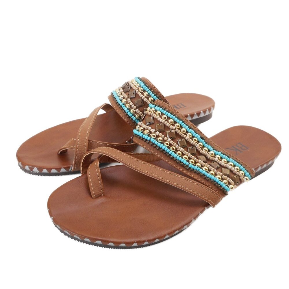BKE Sole Women’s Size 6.5 Thong Sandals Beaded Strap Brown Faux Leather Boho